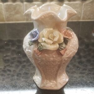Pearl Opalescent 7" Vase with Floral Accents, Crimped Rim With 3 Roses